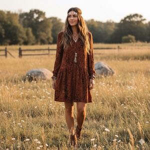 Garnet‎ Hill Dress Womens 12 Rust Brown Floral L/S Casual Rustic Boho Festival